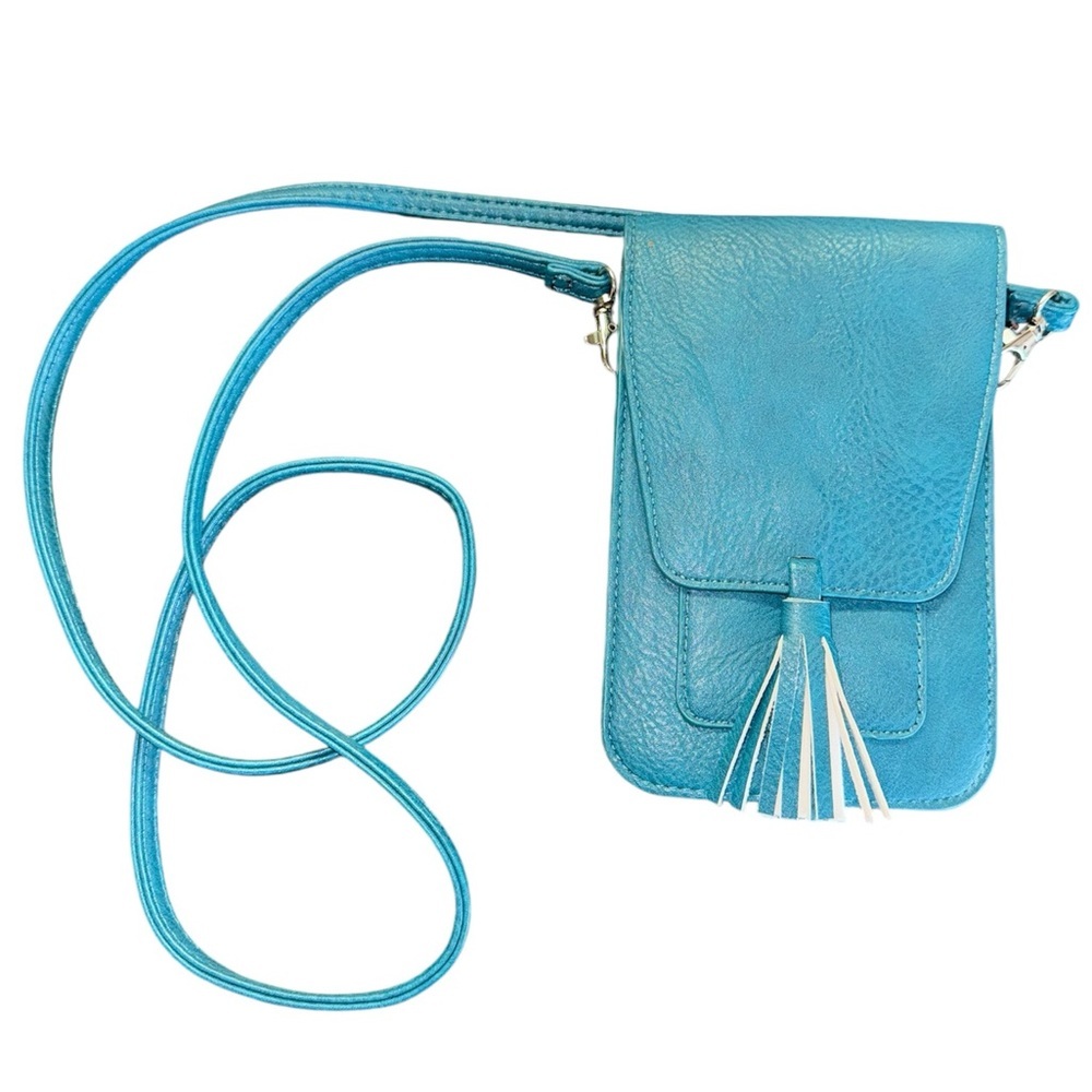 Light Blue Leather Tassel Fold Crossbody Small Wallet Purse